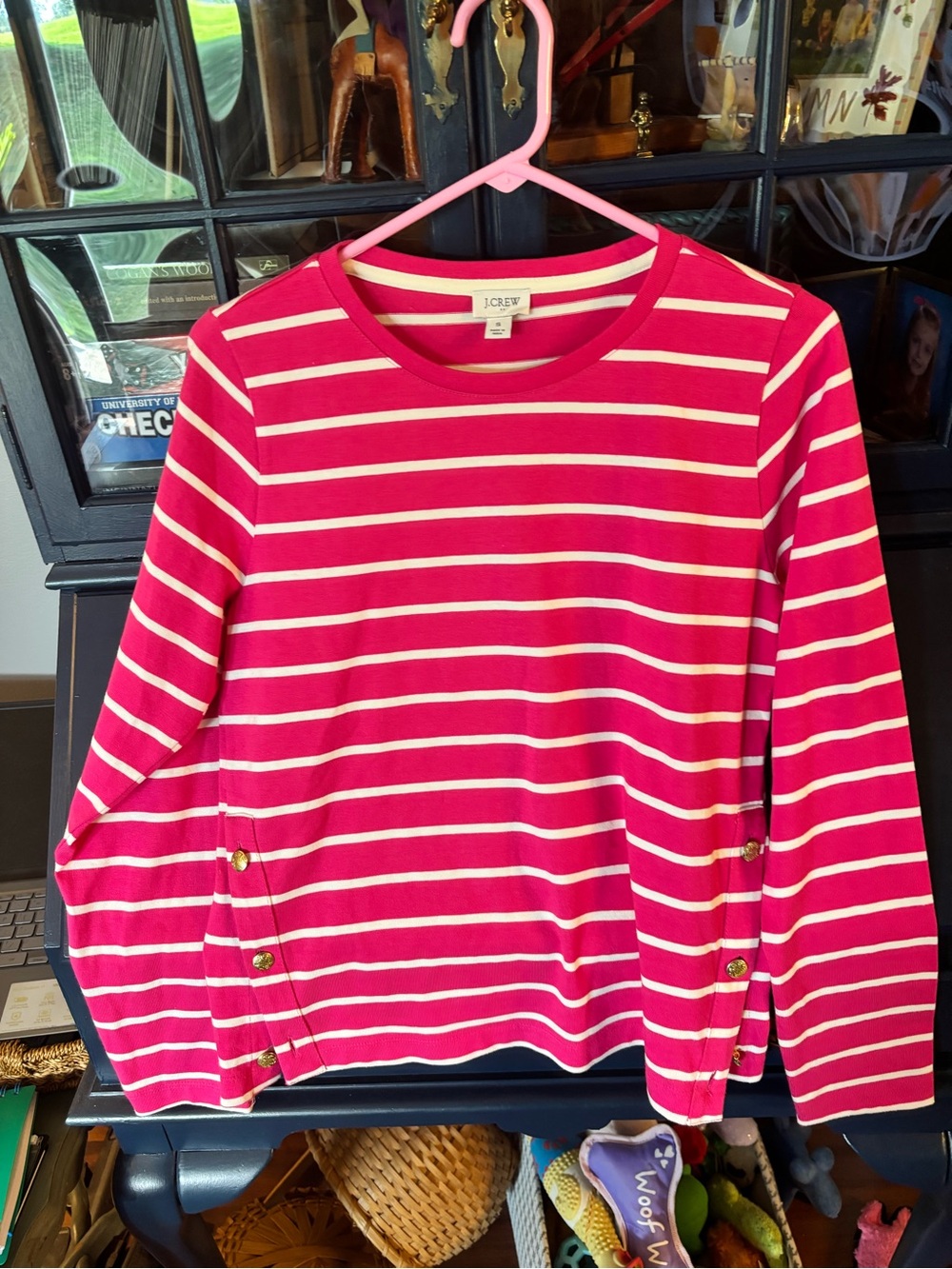 J. Crew Hot Pink and White Striped Long Sleeve Top